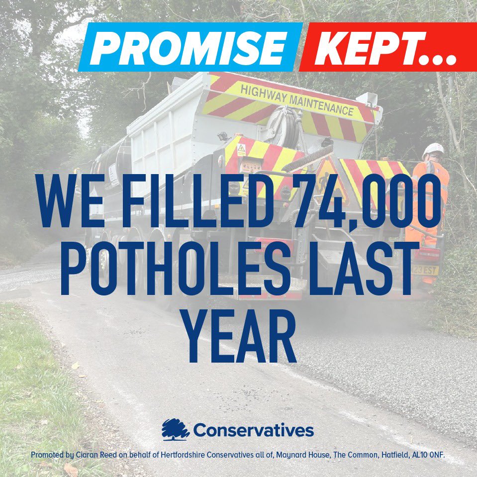 ✅ Promise kept…

Conservative-run Hertfordshire County Council filled 74,000 potholes across the county last year 🛣️

Yet another reason why to #VoteConservative on the 1st of May 🗳️