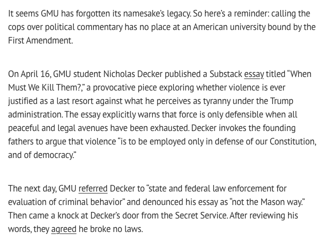 Whether you agree with the content of the blog or not, calling the cops on a student for core, protected political speech is chilling and un-American.

When administrators start acting like King George III and not <a href="/GeorgeMasonU/">George Mason University</a>'s revolutionary namesake, they’ve lost their way.