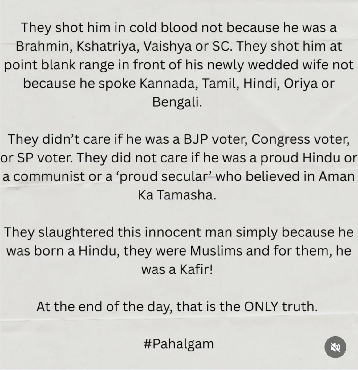 sattitiger2's tweet photo. #PahalgamTerroristAttack 

They shot him in cold blood not because he was a Brahmin, Kshatriya, Vaishya or SC. They shot him at point blank range in front of his newly wedded wife not because he spoke Kannada, Tamil, Hindi, Oriya or Bengali.
They didn't care if he was a BJP
(1/3) https://t.co/IyH3cKWVLj
