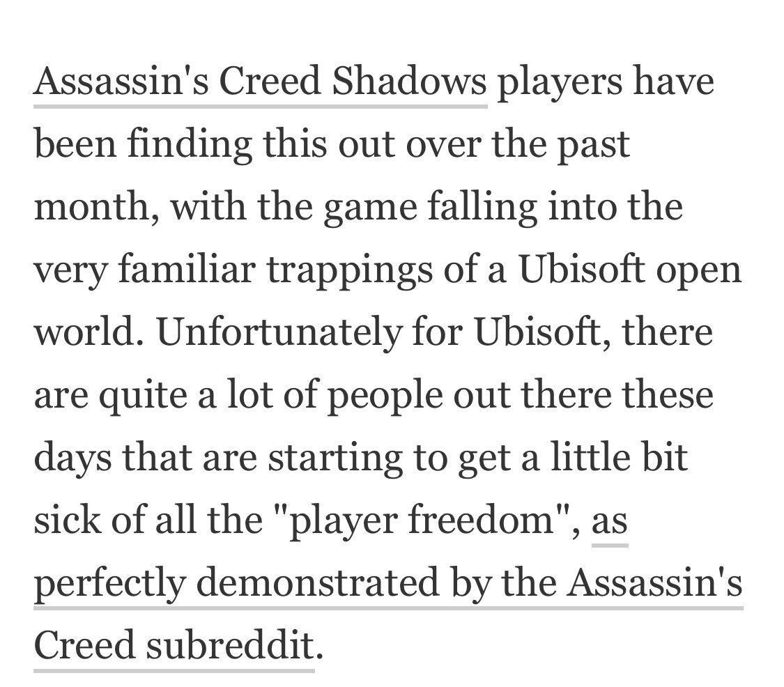 Attention to everyone who likes to bitch and complain about Assassins Creed Games!! If you don’t like it go play something else 💀 why chance the concept of a game that has grown and became as big as it is because of the level of freedom you are rewarded with!