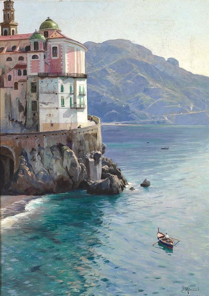 Peder Mørk Mønsted (Danish, 1859-1941)
“View of the Atrani Coast, Near Amalfi, Italy” (1925)
Oil on canvas (70 x 50 cm)
Private collection.
