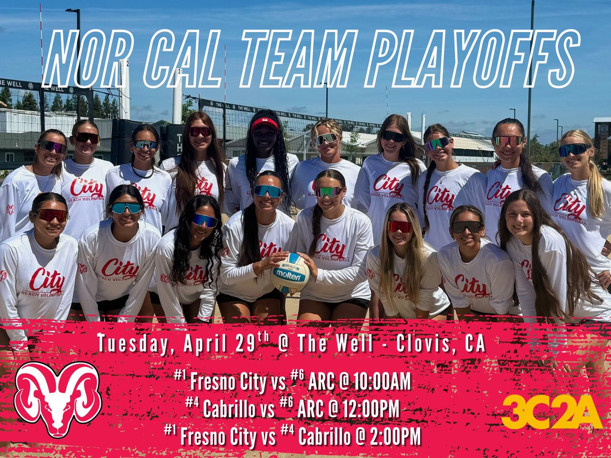 Fresno City VB (@fresnocityvb) on Twitter photo 🚨 TEAM PLAYOFFS‼️
Your 🐏’s are the #1 seed in Nor Cal 🔥
FCC will host & face #5 seed American River & #4 seed Cabrillo
📍The Well Church, Clovis
🗓️Tuesday, April 29th
⏰10:00am/2:00pm
•
🐏🏖️🏐🤘#gorams <a href="/SBemisOnline/">Scott Bemis</a> <a href="/fresnocity/">Fresno City College</a> <a href="/3C2Asports/">3C2A</a> <a href="/SCCCD/">SCCCD</a> <a href="/AlecABC30/">Alec Nolan</a> <a href="/StephenABC30/">Stephen Hicks</a> 🚨 TEAM PLAYOFFS‼️
Your 🐏’s are the #1 seed in Nor Cal 🔥
FCC will host & face #5 seed American River & #4 seed Cabrillo
📍The Well Church, Clovis
🗓️Tuesday, April 29th
⏰10:00am/2:00pm
•
🐏🏖️🏐🤘#gorams <a href="/SBemisOnline/">Scott Bemis</a> <a href="/fresnocity/">Fresno City College</a> <a href="/3C2Asports/">3C2A</a> <a href="/SCCCD/">SCCCD</a> <a href="/AlecABC30/">Alec Nolan</a> <a href="/StephenABC30/">Stephen Hicks</a>