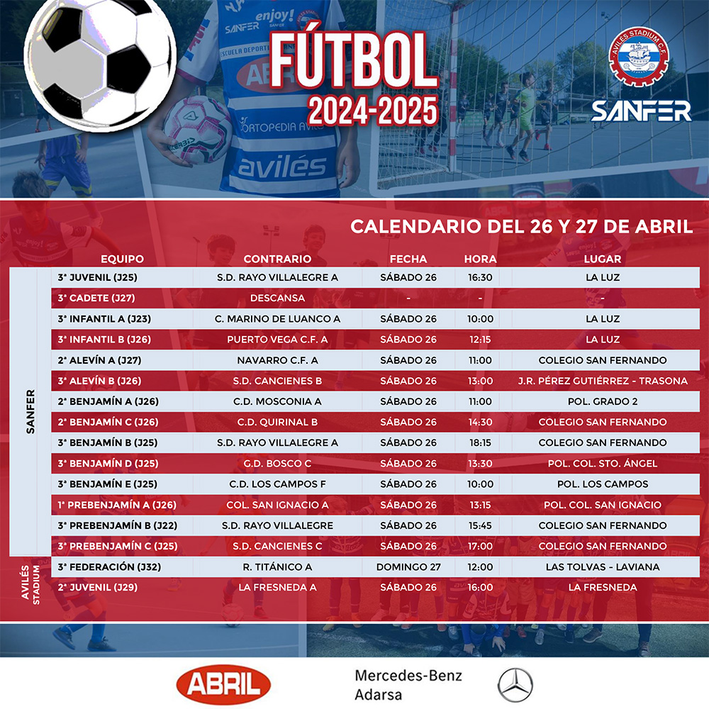 Colegio Internacional San Fernando (@colegiosanfer) on Twitter photo ⚽️ FÚTBOL - CALENDARIO DEPORTIVO
📅 26 y 27 de abril
#fútbol #deportes #Sanfer #AceitesAbril
<a href="/AvilesStadiumCF/">Avilés Stadium CF</a>
<a href="/AdarsaMercedes/">Grupo Adarsa Concesionario Mercedes-Benz</a> ⚽️ FÚTBOL - CALENDARIO DEPORTIVO
📅 26 y 27 de abril
#fútbol #deportes #Sanfer #AceitesAbril
<a href="/AvilesStadiumCF/">Avilés Stadium CF</a>
<a href="/AdarsaMercedes/">Grupo Adarsa Concesionario Mercedes-Benz</a>