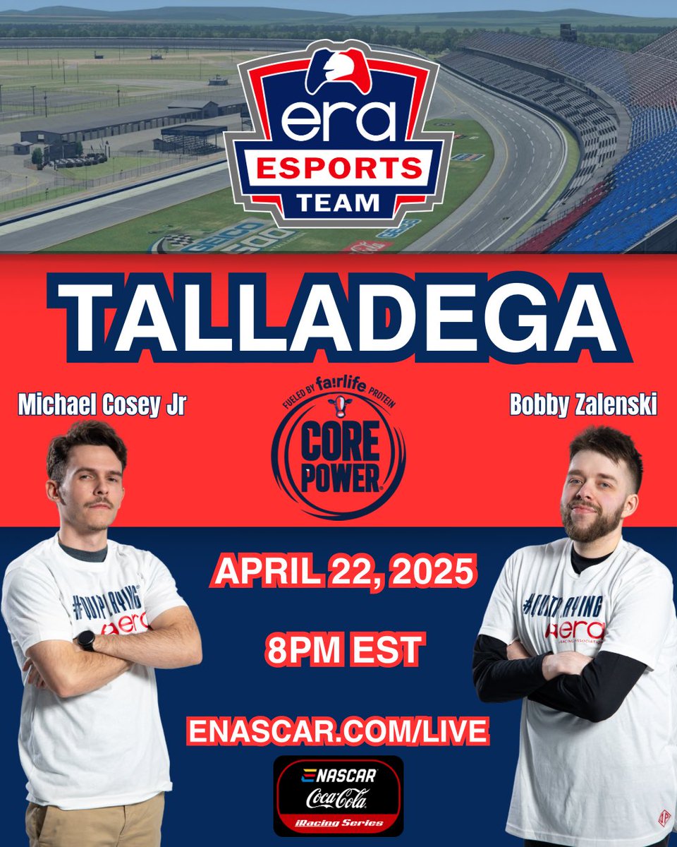 eRacing Association (@eracingassocia1) on Twitter photo Ready to take on Talladega! Good luck to our drivers, <a href="/bobbyzalenski/">Bobby Zalenski</a> and <a href="/windVOW8820/">Michael Cosey Jr.</a> as they try to navigate through the chaos in the <a href="/fastlife/">fastlife</a> @corepower cars tonight!
Catch all the action on enascar.com/live! Race starts at 8pm EST (Pre-race coverage begins at 7:40). Ready to take on Talladega! Good luck to our drivers, <a href="/bobbyzalenski/">Bobby Zalenski</a> and <a href="/windVOW8820/">Michael Cosey Jr.</a> as they try to navigate through the chaos in the <a href="/fastlife/">fastlife</a> @corepower cars tonight!
Catch all the action on enascar.com/live! Race starts at 8pm EST (Pre-race coverage begins at 7:40).