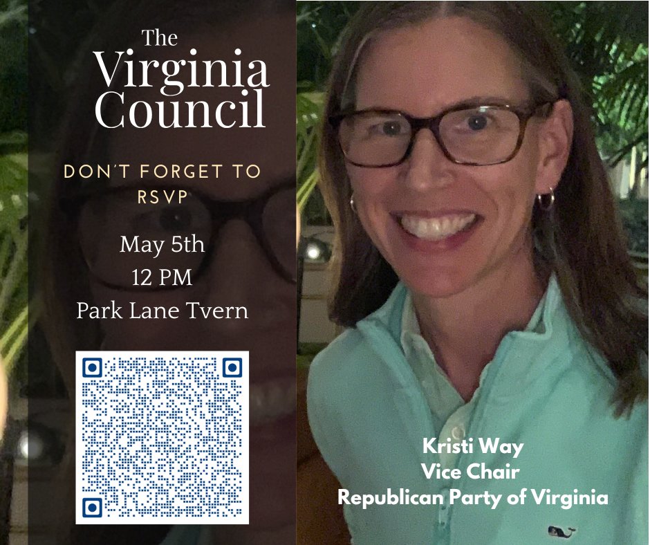 Join us for our Monthly Meeting on May 5th, 12 PM at Park Lane Tavern! Hear from Krist Way on 2025 races. RSVP now using the QR Code! 🙌✨ #VirginiaVotes #RepublicanParty #EngageYourFuture #thevirginiacouncil