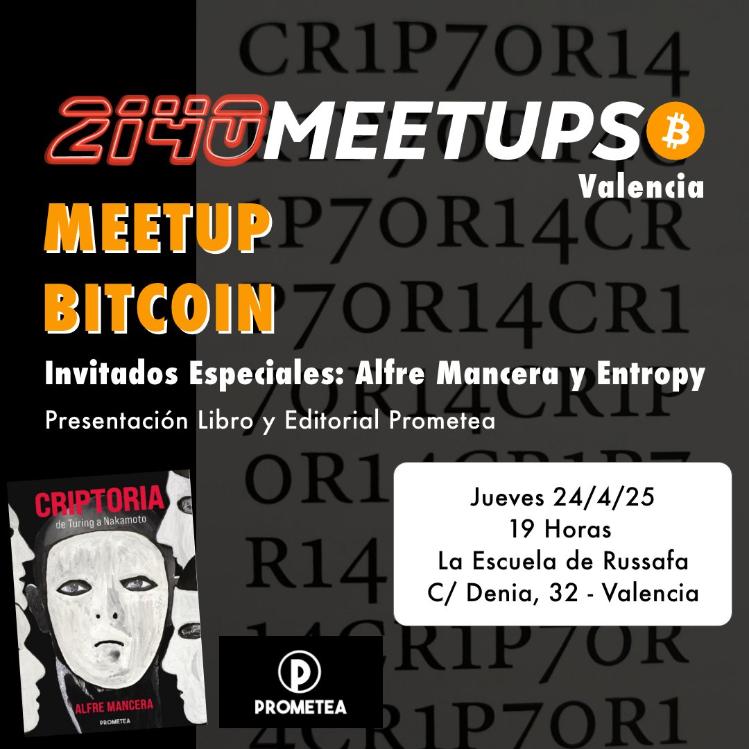 José Antonio Bravo Mateu (@jabravo) on Twitter photo Este jueves, en Valencia, tenemos un meetup muy especial: la presentación de Criptoria, el libro de <a href="/albibeno/">ⓘ Alfre</a> y de <a href="/Prometeabtc/">PROMETEA</a>, la editorial dirigida por <a href="/ur_Entropy/">Entropy</a>, quien nos hablará de cómo usar #Bitcoin  según su propuesta de valor.
Recuerda: jueves 24 de abril a las 19 Este jueves, en Valencia, tenemos un meetup muy especial: la presentación de Criptoria, el libro de <a href="/albibeno/">ⓘ Alfre</a> y de <a href="/Prometeabtc/">PROMETEA</a>, la editorial dirigida por <a href="/ur_Entropy/">Entropy</a>, quien nos hablará de cómo usar #Bitcoin  según su propuesta de valor.
Recuerda: jueves 24 de abril a las 19