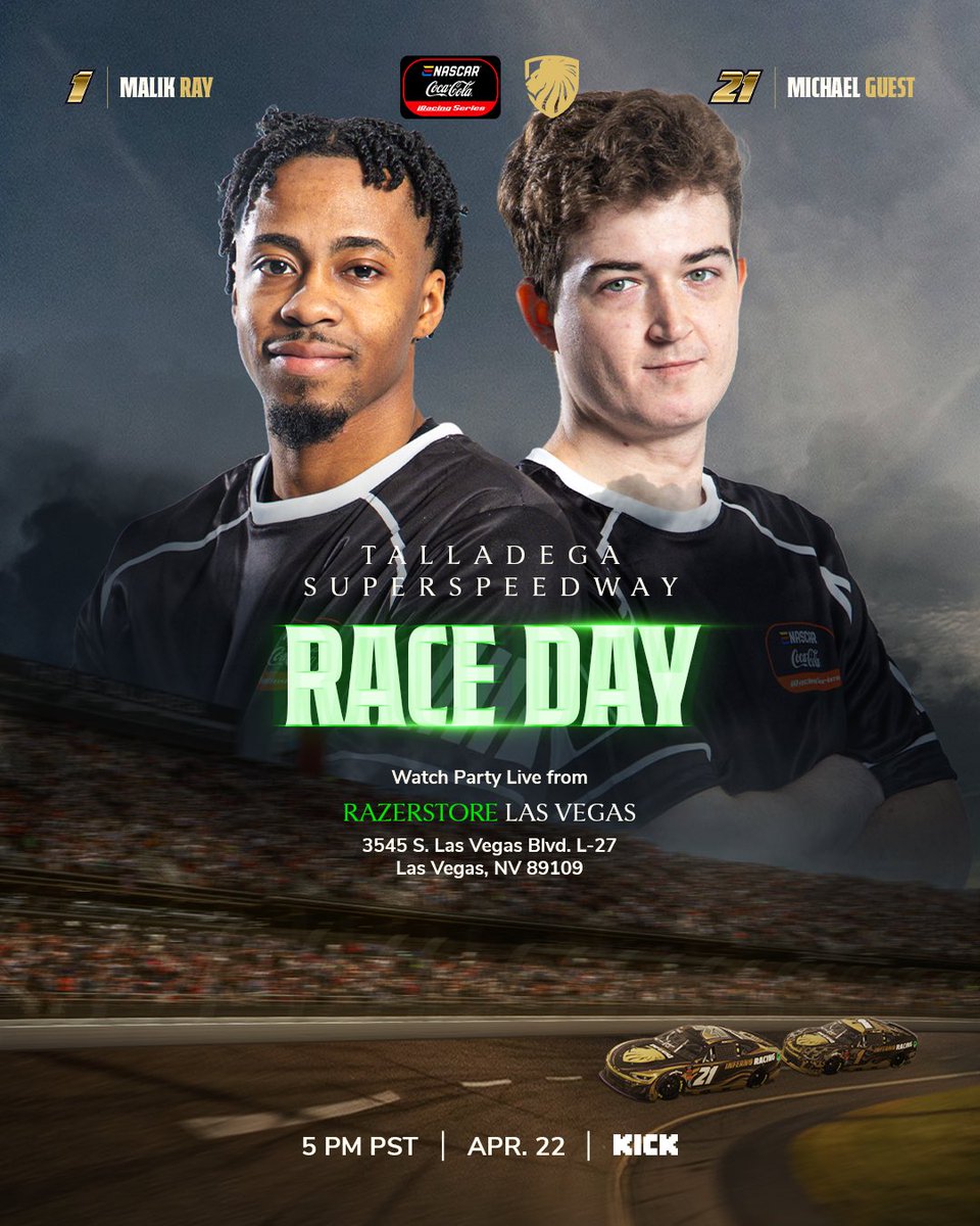 Vegas Inferno™ (@vegasinferno) on Twitter photo ITS RACE DAY AT TALLADEGA! 🏁
We have <a href="/MalikRayTTV/">MFR</a> & <a href="/MGuest33/">Michael Guest</a> racing at the Super Speed Way! 🏎️
Catch the watch party with <a href="/ThaHavocc/">LVI HAVOCC 🔜 DreamHack Dallas</a> , <a href="/ViolinPanda_/">LVI | ViolinPanda</a> , <a href="/FiteLVI/">Fite</a> & <a href="/Glyphics_/">LVI Glyphics</a> live on <a href="/KickStreaming/">Kick</a> from the <a href="/RazerStore/">RazerStore</a> on the Las Vegas Strip
LETS GO RACING!
🟢 ITS RACE DAY AT TALLADEGA! 🏁
We have <a href="/MalikRayTTV/">MFR</a> & <a href="/MGuest33/">Michael Guest</a> racing at the Super Speed Way! 🏎️
Catch the watch party with <a href="/ThaHavocc/">LVI HAVOCC 🔜 DreamHack Dallas</a> , <a href="/ViolinPanda_/">LVI | ViolinPanda</a> , <a href="/FiteLVI/">Fite</a> & <a href="/Glyphics_/">LVI Glyphics</a> live on <a href="/KickStreaming/">Kick</a> from the <a href="/RazerStore/">RazerStore</a> on the Las Vegas Strip
LETS GO RACING!
🟢