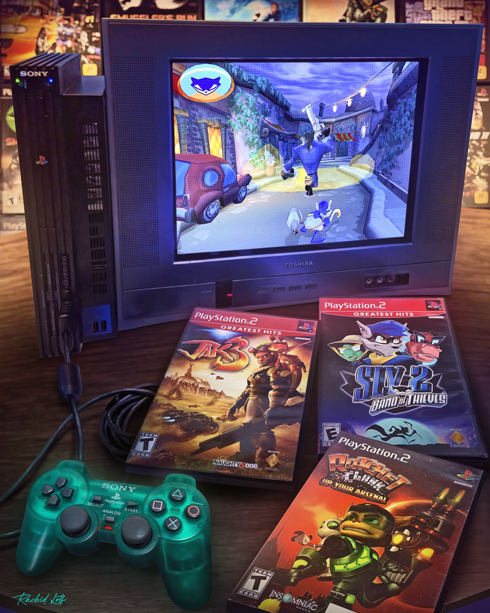 Back when saving the world came on disc. 🎮✨

Unlock your creative side: Commission art or join my Photoshop course: rachidlotf.com/store

#RetroGaming #PlayStation2 #PS2 #GamingSetup #VideoGameArt #Nostalgia #2000s #Jak3 #slycooper2 #ratchetandclank