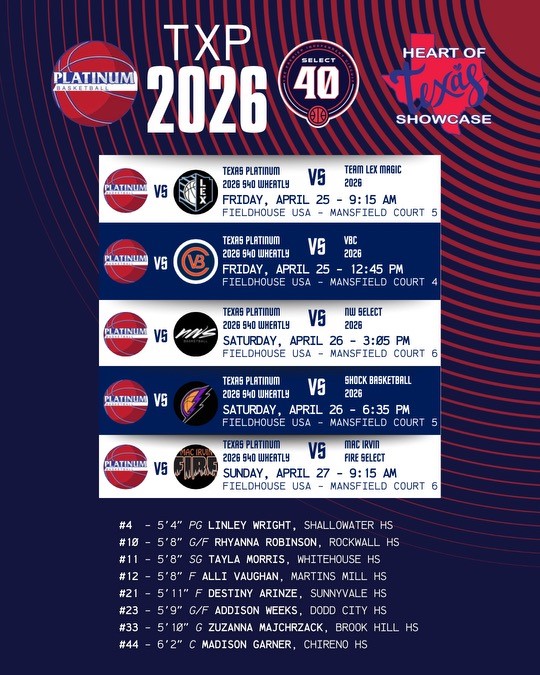 Platinum Basketball (Select 40 Member) (@platinumbball) on Twitter photo Excited for a big weekend at <a href="/PBRhoops/">Premier Basketball</a> Heart of Texas event!
Kicking off friday morning @9:40 on court 5 vs. Team Lex Magic.
<a href="/MadisonGarner22/">Madison Garner</a> <a href="/Rhy_Robinson26/">Rhyanna Robinson</a> <a href="/WrightLinley/">Linley Wright</a> <a href="/taylamorris11/">Tayla Morris</a> <a href="/weeksaddison092/">Addison Weeks</a> <a href="/arinze_destiny3/">Destiny Arinze</a> <a href="/zuzamajchrzak/">Zuzanna</a> <a href="/AlliBVaughan/">Allison Vaughan</a> Excited for a big weekend at <a href="/PBRhoops/">Premier Basketball</a> Heart of Texas event!
Kicking off friday morning @9:40 on court 5 vs. Team Lex Magic.
<a href="/MadisonGarner22/">Madison Garner</a> <a href="/Rhy_Robinson26/">Rhyanna Robinson</a> <a href="/WrightLinley/">Linley Wright</a> <a href="/taylamorris11/">Tayla Morris</a> <a href="/weeksaddison092/">Addison Weeks</a> <a href="/arinze_destiny3/">Destiny Arinze</a> <a href="/zuzamajchrzak/">Zuzanna</a> <a href="/AlliBVaughan/">Allison Vaughan</a>