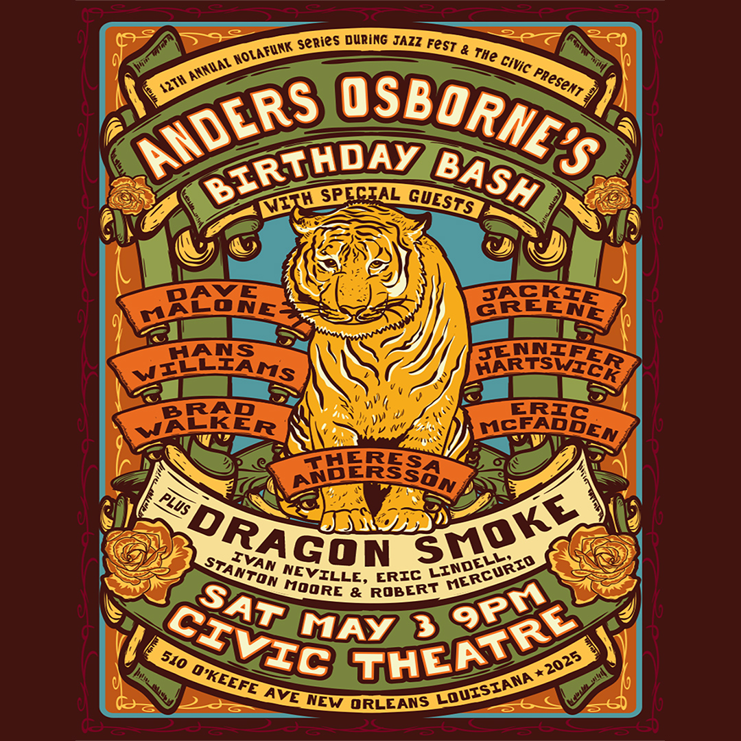 @andersosborne celebrates his birthday at @civicnola on May 3 with a bash for the record books! Very special all-star guests featuring Dave Malone, Jackie Greene, Jennifer Hartswick, Hans Williams, Theresa Anderssen, Brad Walker, and Eric McFadden!