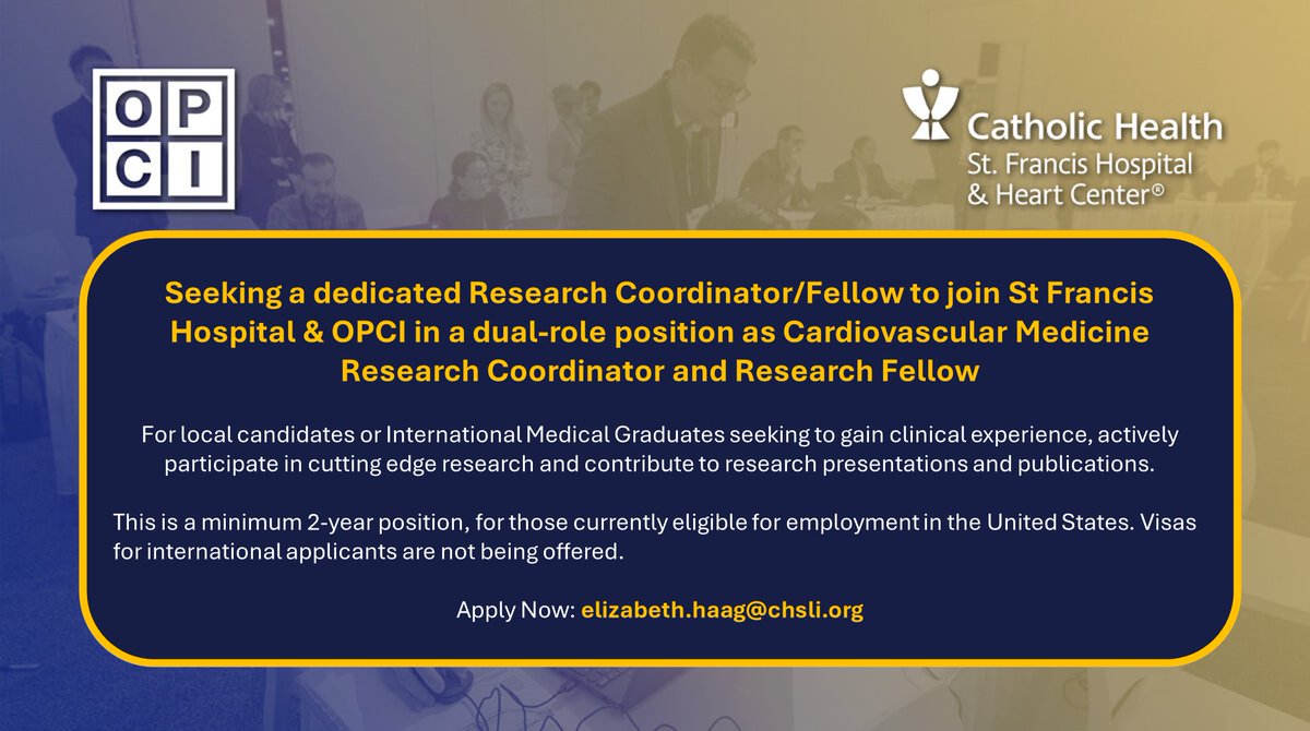 Ziad Ali (@ziadalinyc) on Twitter photo We have a 2-year position <a href="/StFrancis_LI/">St. Francis Hospital & Heart Center</a> <a href="/OPCILive/">OPCI</a> for a research fellow/coordinator. This position is ideal for an #IMG looking to build their CV with US clinical experience, presentations and publications before applying for US residency. <a href="/djc795/">David J. Cohen, MD, MSc</a> <a href="/OKhaliqueMD/">Omar Khalique</a> <a href="/CathElectroSurg/">Jaffar Khan</a> We have a 2-year position <a href="/StFrancis_LI/">St. Francis Hospital & Heart Center</a> <a href="/OPCILive/">OPCI</a> for a research fellow/coordinator. This position is ideal for an #IMG looking to build their CV with US clinical experience, presentations and publications before applying for US residency. <a href="/djc795/">David J. Cohen, MD, MSc</a> <a href="/OKhaliqueMD/">Omar Khalique</a> <a href="/CathElectroSurg/">Jaffar Khan</a>