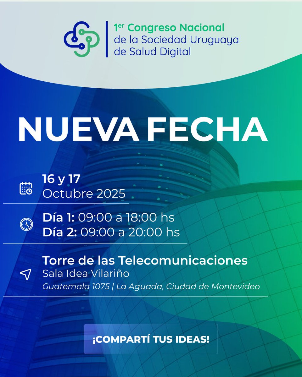 🎯 ¡Nueva fecha confirmada!
🗓 1º Congreso Nacional de Salud Digital
📍 Montevideo – 16 y 17 de octubre 2025
💡 Innovación, equidad y colaboración en salud digital.
👉 Completá el formulario y sumá tus ideas: bit.ly/4495dgR
#SaludDigital #CongresoSaludDigital #SUSADI