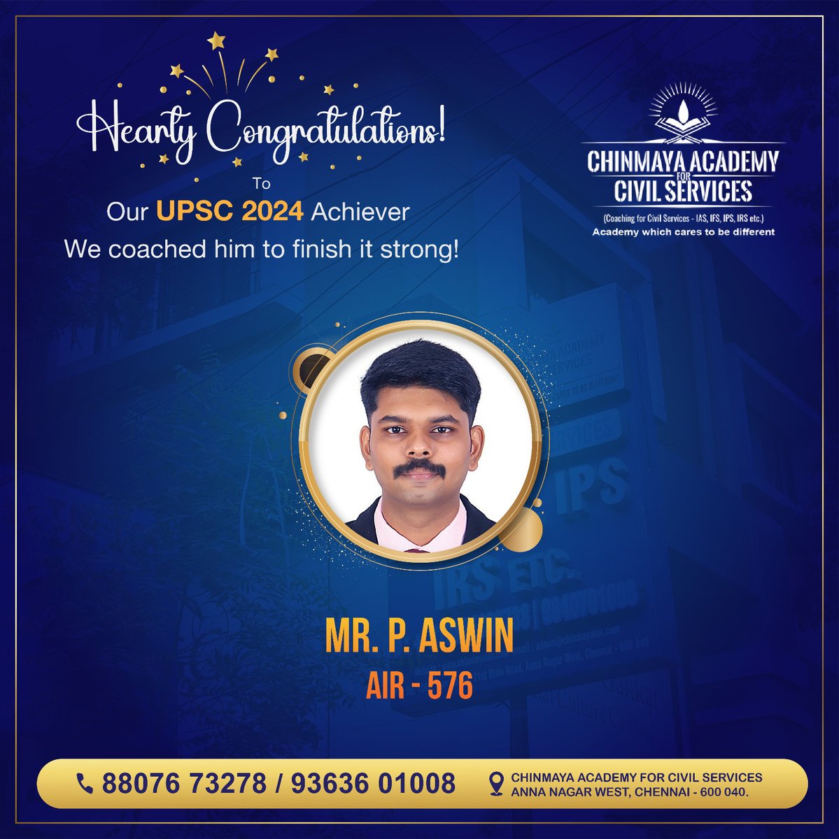chinmayaacademy's tweet image. Hearty Congratulations to our UPSC 2024 Achiever Mr. P. Aswin AIR 576 from Chinmaya Academy for Civil Services.

WE coached him to finish it strong

#upsc #upscresults #upsccoaching #upscpreparation #upsc2024 #chinmayaiasacademy  #ias #ips #irs #ifs