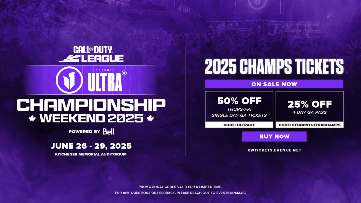 OTSU Esports (@otsu_esports) on Twitter photo Canada's FIRST Call of Duty Championship is going down, and you don't want to miss it!
Thanks to our friends at <a href="/TorontoUltra/">Toronto Ultra</a>, we are offering exclusive discount codes for the CDL Champs Weekend!
🎟️Get your tickets here: kwtickets.evenue.net/events/CDL
#CDL2025 #CODCHAMPS #OTSU Canada's FIRST Call of Duty Championship is going down, and you don't want to miss it!
Thanks to our friends at <a href="/TorontoUltra/">Toronto Ultra</a>, we are offering exclusive discount codes for the CDL Champs Weekend!
🎟️Get your tickets here: kwtickets.evenue.net/events/CDL
#CDL2025 #CODCHAMPS #OTSU