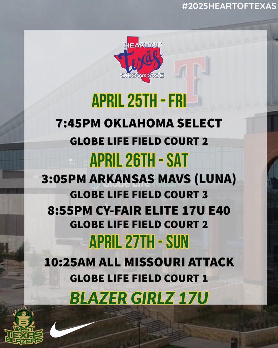 Going to Dallas for the Heart of Texas Showcase with <a href="/wtbbAAU/">West Texas Blazers Basketball</a>. Here’s our schedule! 💚