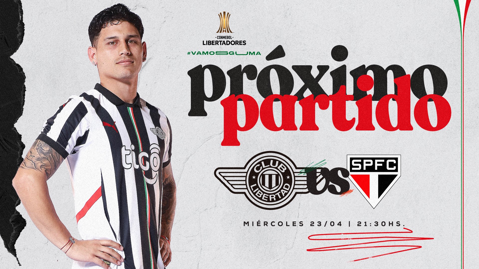 Flyer próximo partido.
Libertad- São Paulo 
Miércoles 23/04 | 21:30