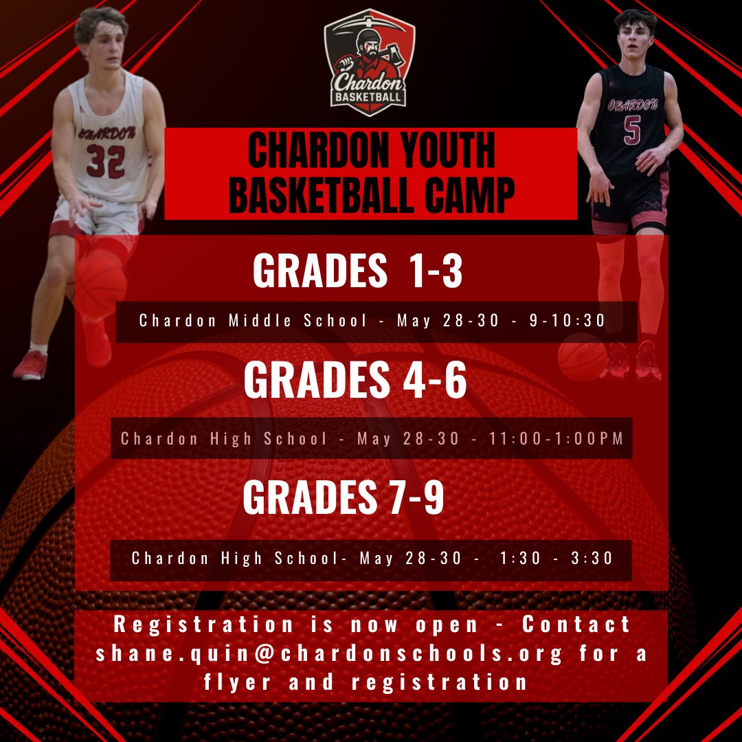 Chardon Youth basketball camp has been revamped with more sessions for enhanced individual instruction. Learn directly from Chardon coaches and players! 
Email Shane.quin@chardonschools.org for a flyer to register.