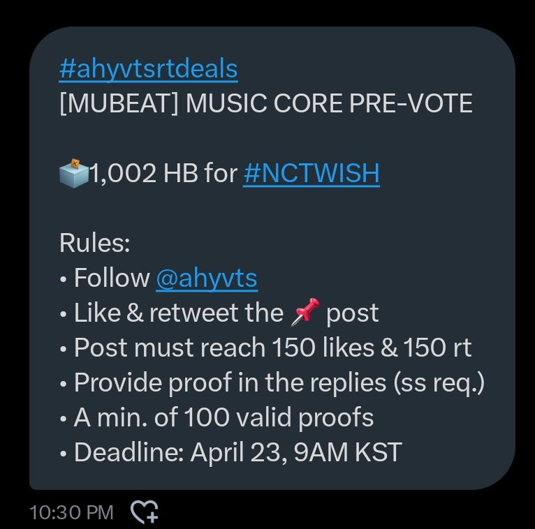 nctwishvoting's tweet photo. #ahyvtsrtdeals
[MUBEAT] MUSIC CORE PRE-VOTE

🗳️1,002 HB for #NCTWISH 

Rules:
• Follow @ahyvts
• Like & retweet the 📌 post
• Post must reach 150 likes & 150 rt
• Provide proof in the replies (ss req.)
• A min. of 100 valid proofs
• Deadline: April 23, 9AM KST

#NCTWISH_poppop
#votefornctwish #wishzensociety