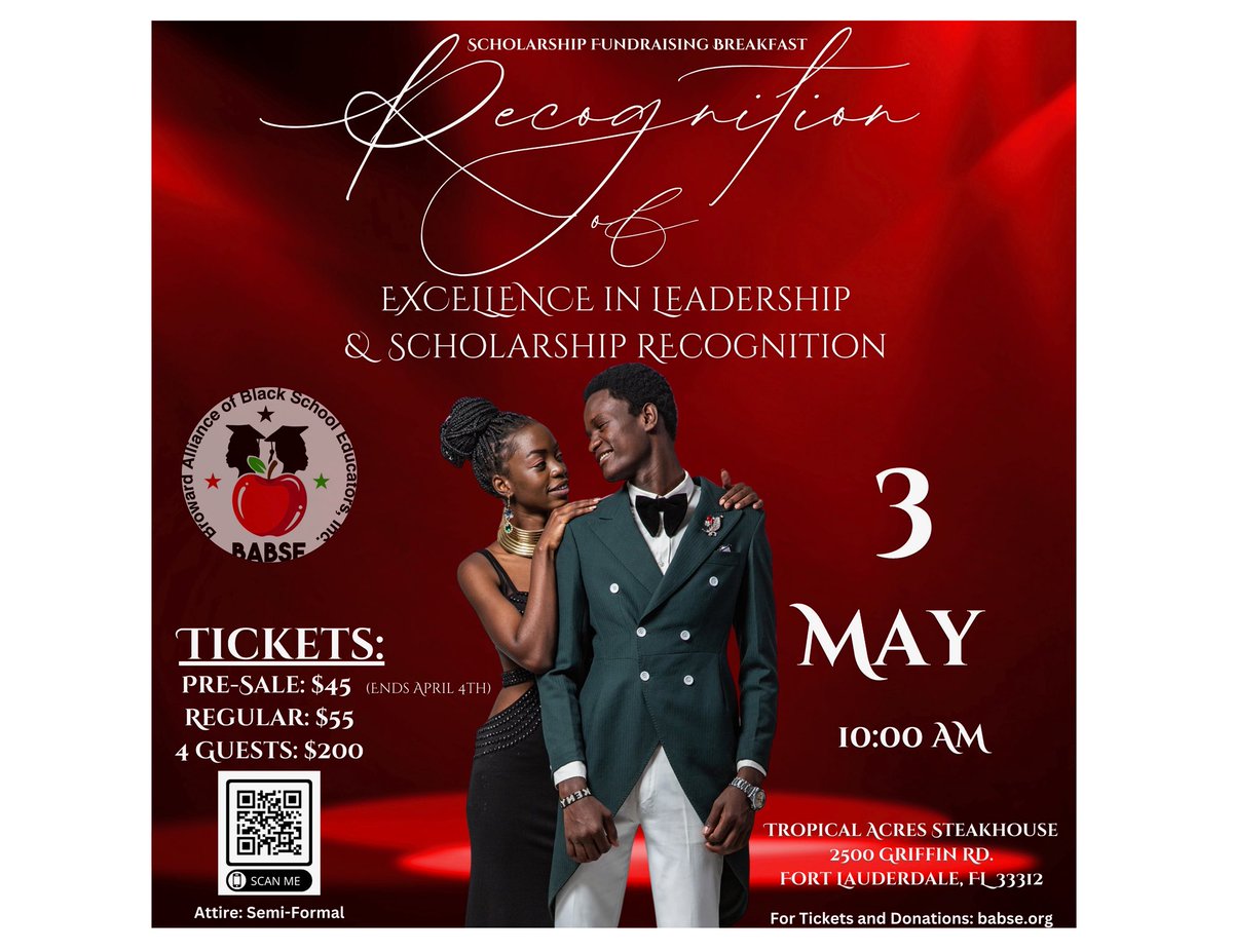 Only 11 days left!
Join BABSE for a powerful morning of scholarship + leadership recognition on May 3 at 10AM!
Tickets: $55 / $200 for 4
Tropical Acres, Fort Lauderdale
Get tickets: babse.org
#BABSE #FundOurFuture #BlackExcellence