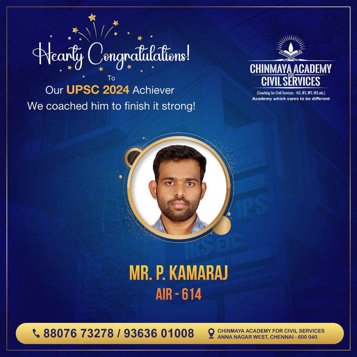 chinmayaacademy's tweet image. Hearty Congratulations to our UPSC 2024 Achiever Mr. P. Kamaraj AIR 614 from Chinmaya Academy for Civil Services.

WE coached him to finish it strong

#upsc #upscresults #upsccoaching #upscpreparation #upsc2024 #chinmayaiasacademy  #ias #ips #irs #ifs