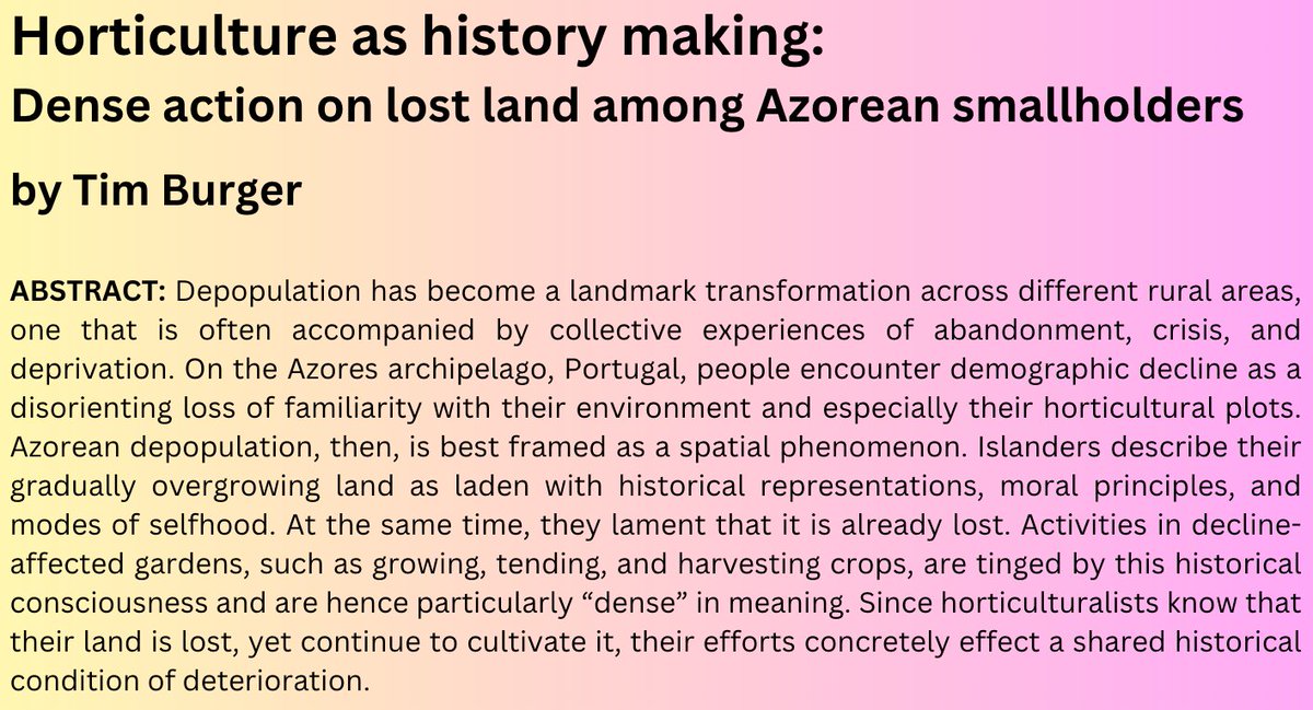 AmEthno's tweet photo. 📢📢📢New Article Alert! 📢📢📢

Horticulture as History Making:
Dense action on lost land among Azorean smallholders

by Tim Burger #anthrotwitter #Azores

Find it here (Open Access) via Early View:
https://t.co/WHqIbGJjiD https://t.co/HHmqfV1eS2
