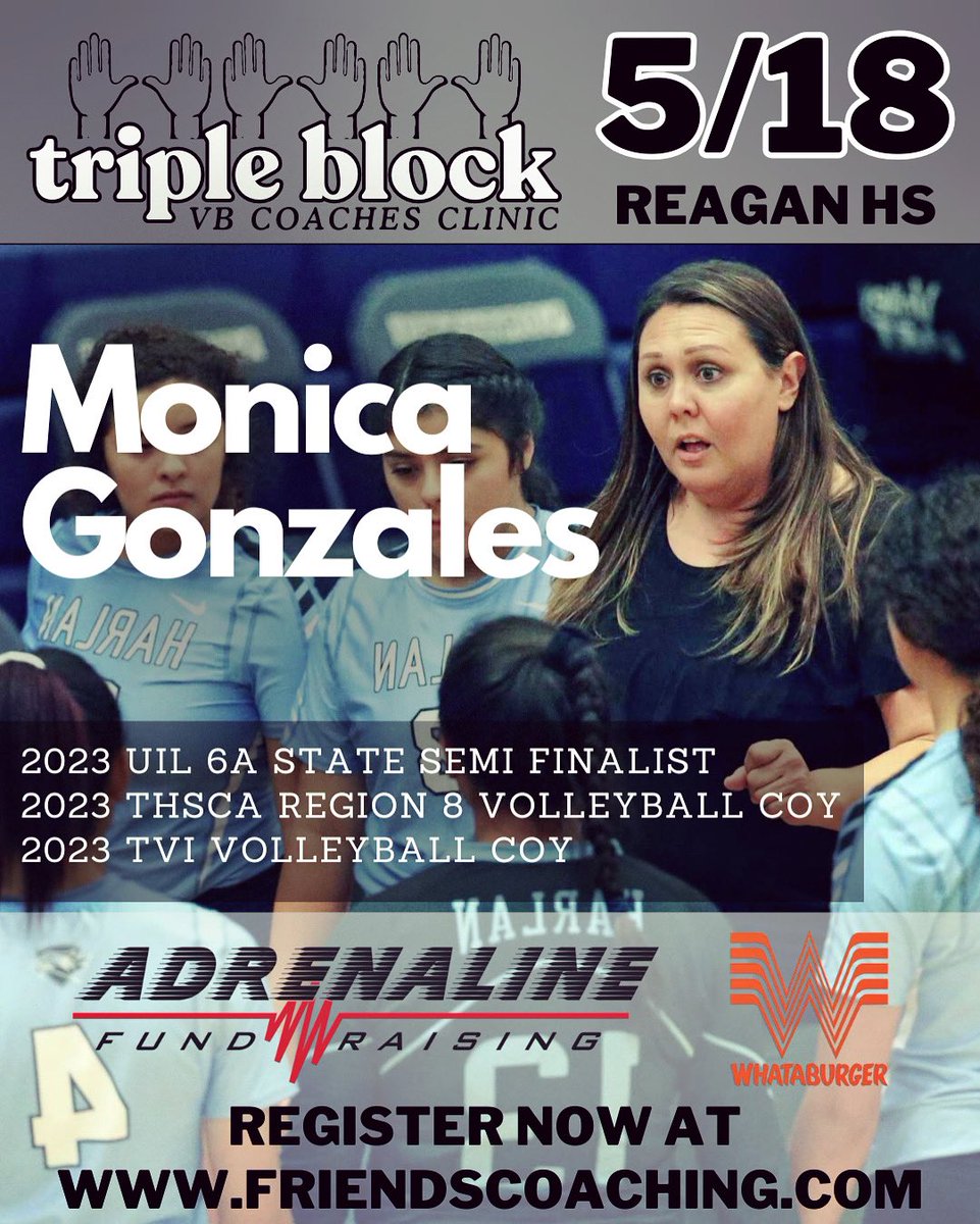 FriendsCoachTX's tweet image. Triple Block VB Coaches Clinic 🙌🙌🙌 Sponsored by Adrenaline Fundraising and Whataburger! Friends Coaching was born from a shared passion: the belief that coaching, at its heart, is about connection and community. Go to friendscoaching.com for more info and to register.
