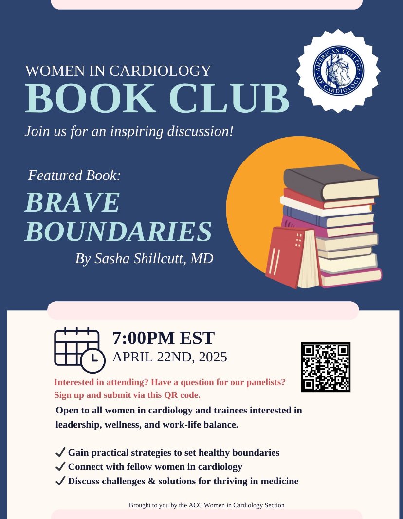 Sabrina Islam, MD, MPH (@sabrinaislammd) on Twitter photo 🌟Join the #ACCWIC Council tonight, 4/22 at 7pm EST for our Spring Book Club📕
Register 👇 using the QR code for the link
Discussion led by <a href="/retu_saxena/">Retu Saxena</a>
Panelists <a href="/KTamirisaMD/">Kamala Tamirisa MD</a> <a href="/DrJenniferCo_Vu/">Jennifer Co-Vu, MD, FACC, FAAP, FASE</a> <a href="/EstefaniaOS/">Estefania Oliveros MD🫀</a> <a href="/SabrinaIslamMD/">Sabrina Islam, MD, MPH</a> Anna Mueller
🫀And special guest <a href="/SashaShillcutt/">Sasha Shillcutt MD</a>🤩! 🌟Join the #ACCWIC Council tonight, 4/22 at 7pm EST for our Spring Book Club📕
Register 👇 using the QR code for the link
Discussion led by <a href="/retu_saxena/">Retu Saxena</a>
Panelists <a href="/KTamirisaMD/">Kamala Tamirisa MD</a> <a href="/DrJenniferCo_Vu/">Jennifer Co-Vu, MD, FACC, FAAP, FASE</a> <a href="/EstefaniaOS/">Estefania Oliveros MD🫀</a> <a href="/SabrinaIslamMD/">Sabrina Islam, MD, MPH</a> Anna Mueller
🫀And special guest <a href="/SashaShillcutt/">Sasha Shillcutt MD</a>🤩!