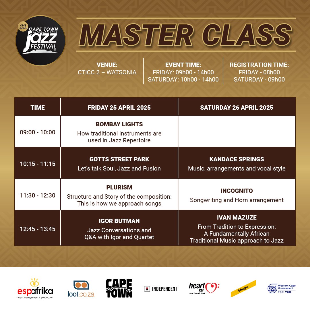The CTIJF Masterclasses are now LIVE!
Book your seat and be part of a legacy of learning that’s shaped like the jazz voices of today, and tomorrow. 
Spaces are limited. Don’t miss out.
#CTIJF2025 #LegacyMeetsTomorrow #CTIJFMasterclass