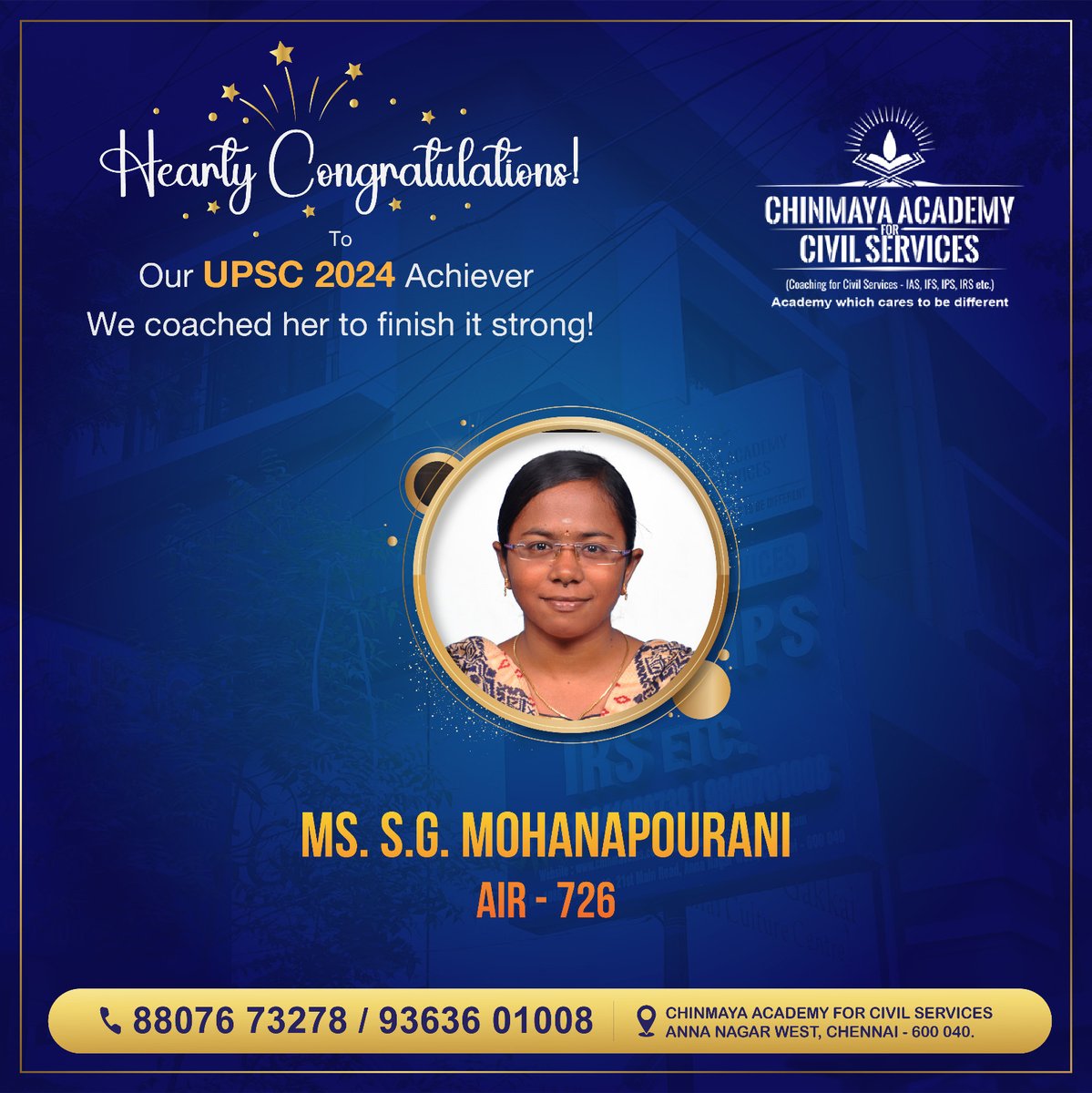 chinmayaacademy's tweet image. Hearty Congratulations to our UPSC 2024 Achiever Ms. S.G. Mohanapourani AIR 726 from Chinmaya Academy for Civil Services.

WE coached her to finish it strong

#upsc #upscresults #upsccoaching #upscpreparation #upsc2024 #chinmayaiasacademy  #ias #ips #irs #ifs