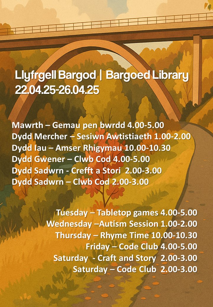Llyfrgell Bargod π Bargoed Library (@bargoedlib) on Twitter photo Beth sydd ymlaen yn Llyfrgell Bargod wythnos yma? Gemau, Codio, Amser Stori, Amseroedd Rhigymau, Helfa Wyau Pasg...
What's on in Bargoed Library this week? Games, Coding, Story Times, Rhyme Times, Easter Egg Hunt... Beth sydd ymlaen yn Llyfrgell Bargod wythnos yma? Gemau, Codio, Amser Stori, Amseroedd Rhigymau, Helfa Wyau Pasg...
What's on in Bargoed Library this week? Games, Coding, Story Times, Rhyme Times, Easter Egg Hunt...
