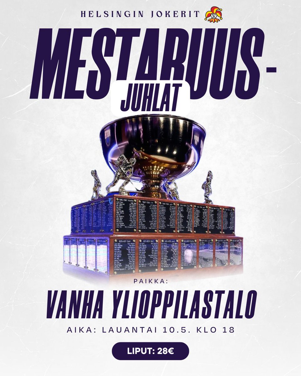 SAVE THE DATE: Jokereiden Mestis-mestaruusjuhlat lauantaina 10.5.🏆

📍 Vanha ylioppilastalo 📆 la 10.5. klo 18
🎶 Esiintyjiä sekä monipuolista ohjelmaa
🃏 Paikalla Jokereiden organisaation edustajia sekä pelaajia
ℹ️ Ikäraja: K-18

Liput tulevat myyntiin tällä viikolla.

#Jokerit
