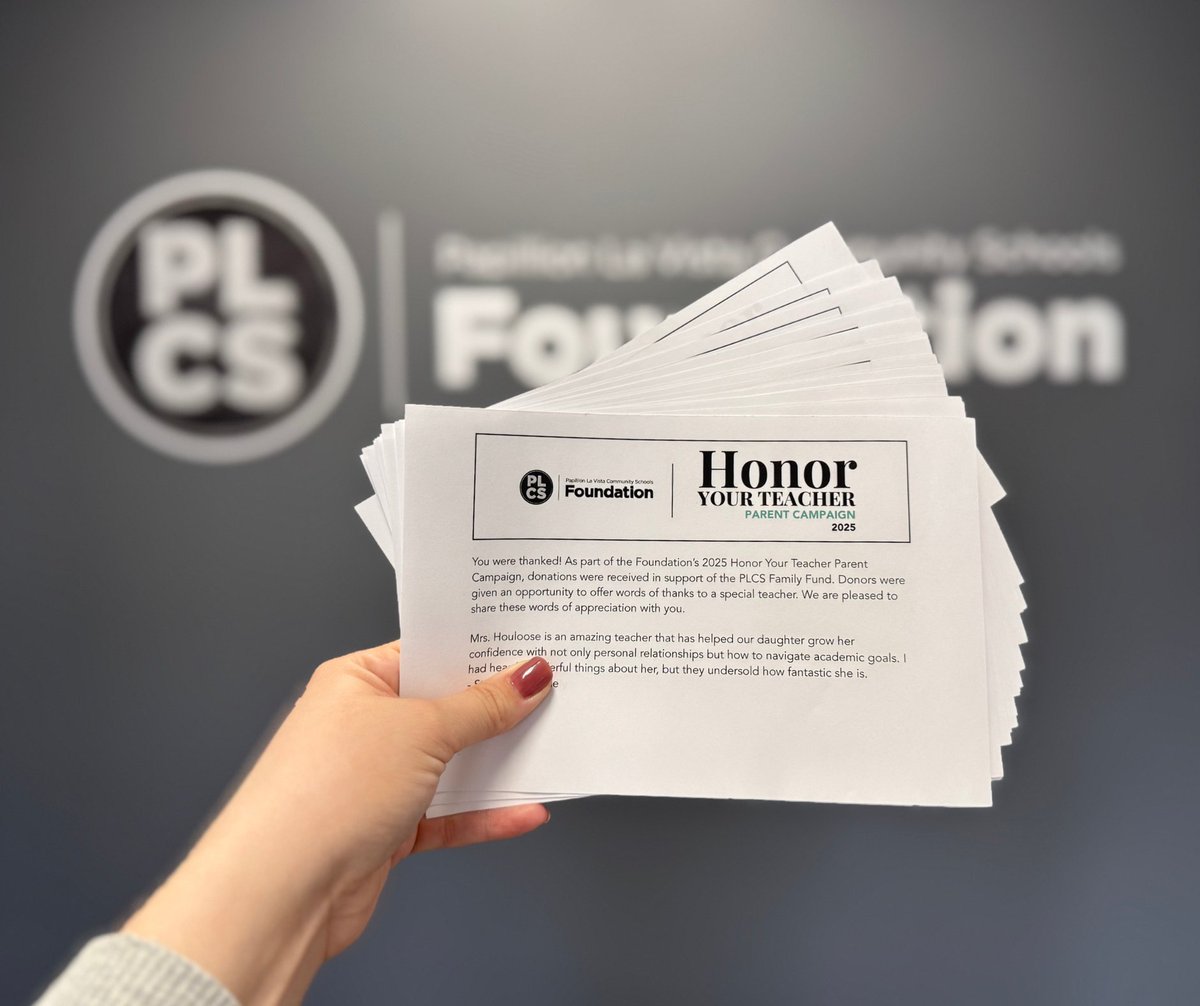 Thank-you notes from parents being delivered today! 📝 THANK YOU to those who have participated. Your kindness is what helps make our schools a place where educators feel truly appreciated. So far, 24 teachers have been recognized — help us reach 100! plcsfoundation.org/donate/2025-ho…