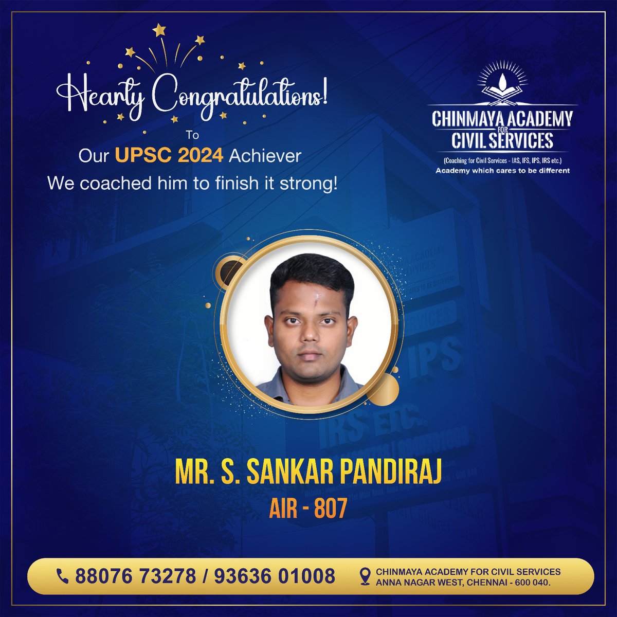 chinmayaacademy's tweet image. Hearty Congratulations to our UPSC 2024 Achiever Mr. S. Sankar Pandiraj AIR 807 from Chinmaya Academy for Civil Services.

WE coached him to finish it strong

#upsc #upscresults #upsccoaching #upscpreparation #upsc2024 #chinmayaiasacademy  #ias #ips #irs #ifs