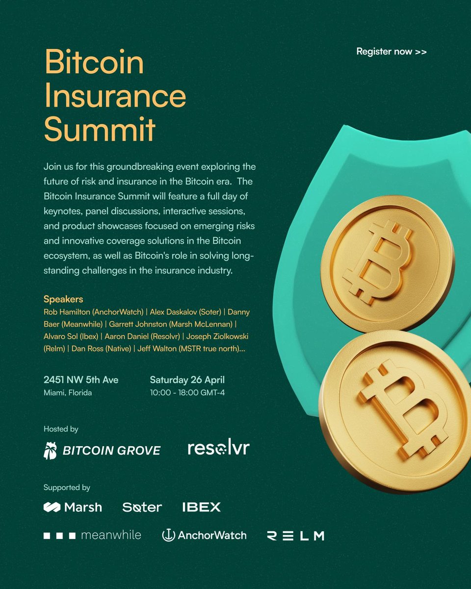 โฟแดณสณแตแตแต (@bitcoingrove) on Twitter photo Looking forward to this weekend's Bitcoin Insurance summit where we'll be hosting discussions with the pioneers using Bitcoin to revolutionize the insurance industry!
Join us on Sat 4/26 for interactive talks and panels featuring:
<a href="/Resolvr_app/">Resolvr</a>
<a href="/PunterJeff/">Jeff Walton</a>
<a href="/RelmInsurance/">Relm Insurance</a> Looking forward to this weekend's Bitcoin Insurance summit where we'll be hosting discussions with the pioneers using Bitcoin to revolutionize the insurance industry!
Join us on Sat 4/26 for interactive talks and panels featuring:
<a href="/Resolvr_app/">Resolvr</a>
<a href="/PunterJeff/">Jeff Walton</a>
<a href="/RelmInsurance/">Relm Insurance</a>