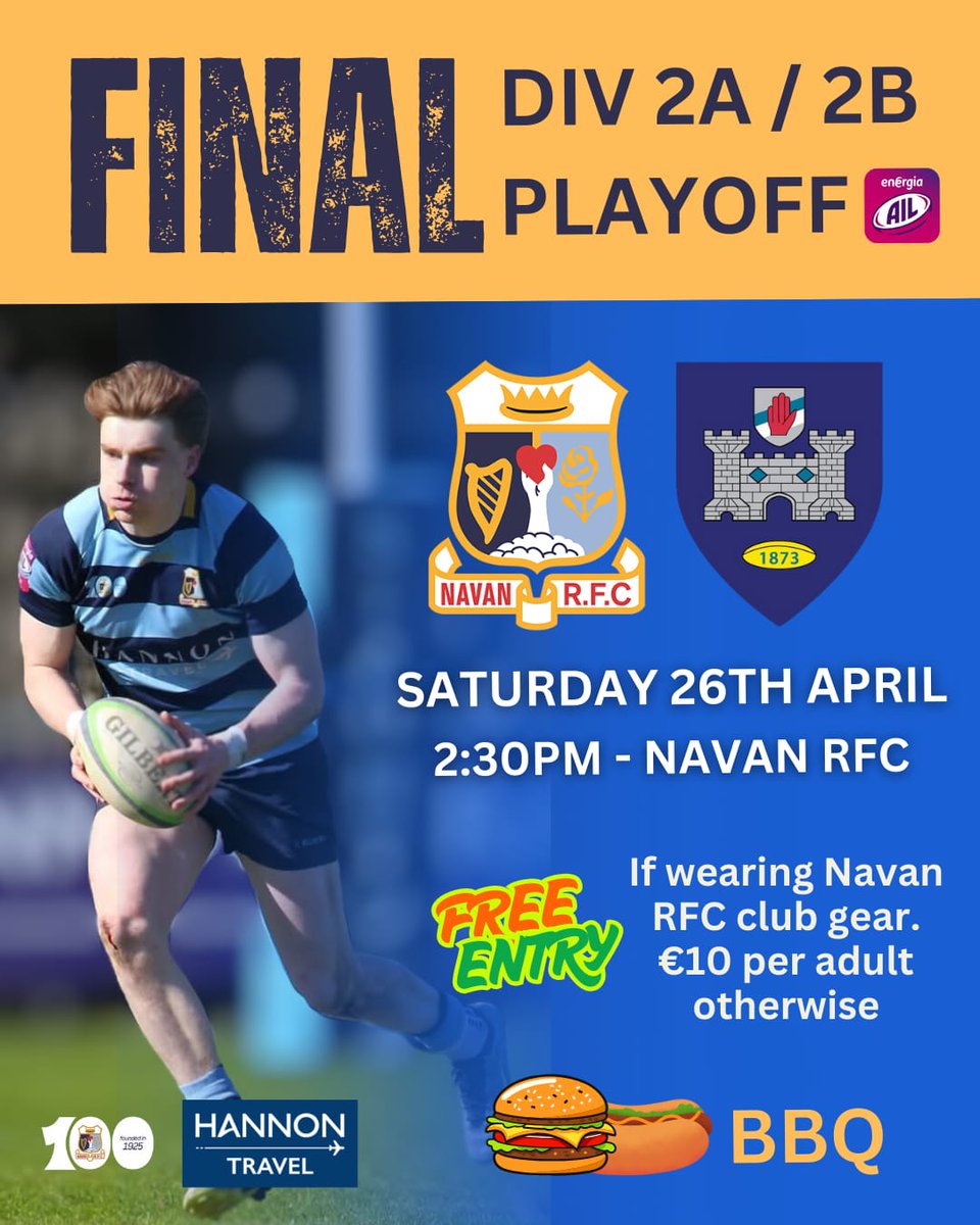 Navanrfc (@navanrfc) on Twitter photo Our Men's 1st XV welcome <a href="/DungannonRFC/">Dungannon Rugby Club</a> to Balreask Old on Sat for the #EnergiaAIL Div 2A/2B Playoff Final, KO 2:30pm
It will be FREE ENTRY on the day for those wearing their Navan RFC gear (€10 per adult otherwise).
See you all there 📣Let's Go Navan 🔵🟡
#NavanRFC100 Our Men's 1st XV welcome <a href="/DungannonRFC/">Dungannon Rugby Club</a> to Balreask Old on Sat for the #EnergiaAIL Div 2A/2B Playoff Final, KO 2:30pm
It will be FREE ENTRY on the day for those wearing their Navan RFC gear (€10 per adult otherwise).
See you all there 📣Let's Go Navan 🔵🟡
#NavanRFC100