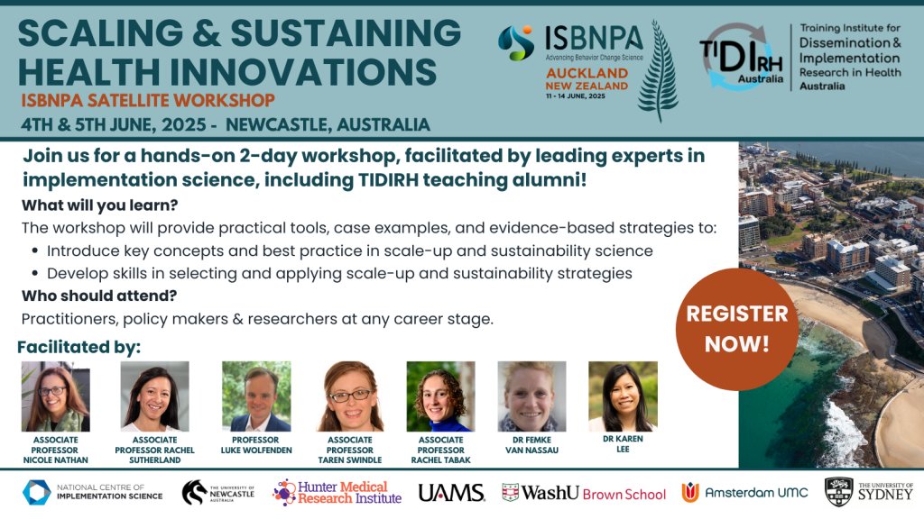 🚀 Join us for a 2-day #ISBNPA2025 satellite workshop on “Scaling Up &amp; Sustaining Health Innovations,” June 4–5 in Newcastle, NSW!
Led by experts in implementation science, this hands-on event will explore real-world scale-up &amp; sustainability strategies
🔗 loom.ly/9wTy6Do