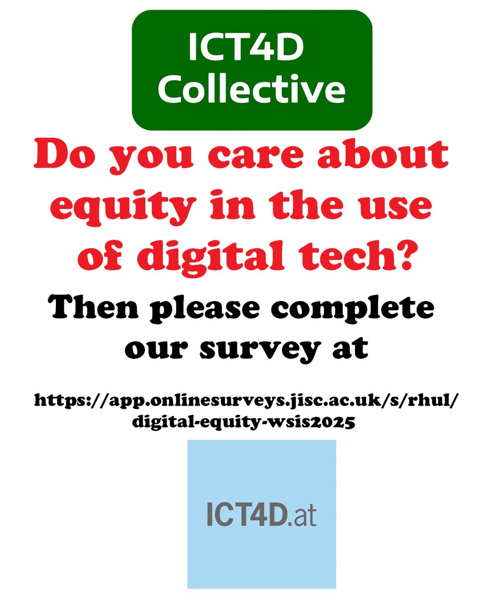Tim Unwin (@timunwin) on Twitter photo WHAT NEEDS TO BE DONE NOW SO THAT THE POOREST AND MOST MARGINALISED CAN BENEFIT FROM USING DIGITAL TECH?
Please complete our survey at app.onlinesurveys.jisc.ac.uk/s/rhul/digitalā¦. Results will form part of our discussions at <a href="/WSISprocess/">World Summit on the Information Society (WSIS)</a> July summit in Geneva WHAT NEEDS TO BE DONE NOW SO THAT THE POOREST AND MOST MARGINALISED CAN BENEFIT FROM USING DIGITAL TECH?
Please complete our survey at app.onlinesurveys.jisc.ac.uk/s/rhul/digitalā¦. Results will form part of our discussions at <a href="/WSISprocess/">World Summit on the Information Society (WSIS)</a> July summit in Geneva