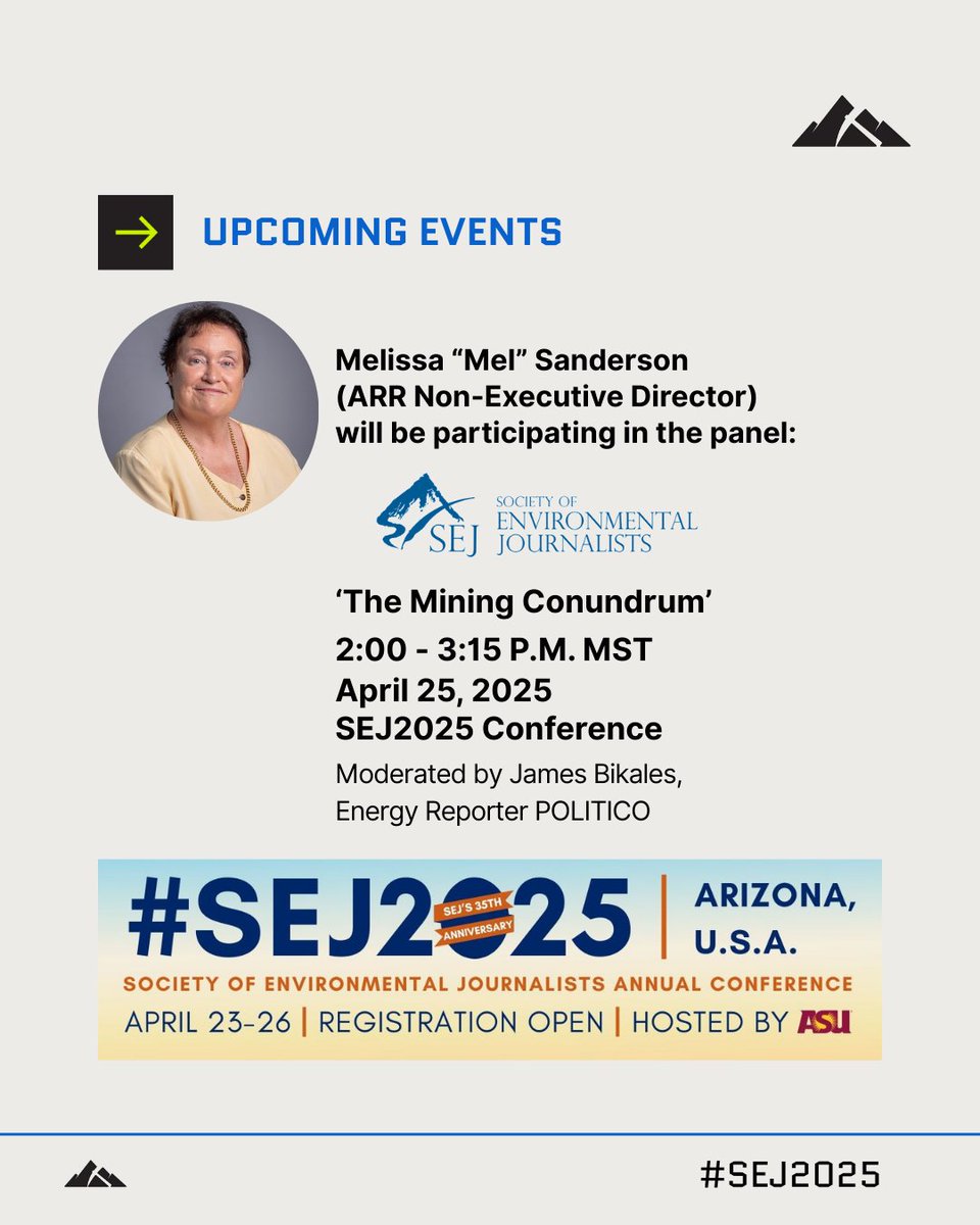 American Rare Earths Limited (ASX: ARR) (@arrlimited) on Twitter photo 🗓️ UPCOMING EVENTS | #SEJ2025 Conference Panel
This Friday, April 25, 2025, <a href="/ARRLimited/">American Rare Earths Limited (ASX: ARR)</a> Non-Executive Director Melissa Sanderson will participate in the <a href="/sejorg/">Society of Environmental Journalists (SEJ)</a> conference panel, 'The Mining Conundrum,' moderated by James Bikales, <a href="/politico/">POLITICO</a> Energy Reporter, and hosted in 🗓️ UPCOMING EVENTS | #SEJ2025 Conference Panel
This Friday, April 25, 2025, <a href="/ARRLimited/">American Rare Earths Limited (ASX: ARR)</a> Non-Executive Director Melissa Sanderson will participate in the <a href="/sejorg/">Society of Environmental Journalists (SEJ)</a> conference panel, 'The Mining Conundrum,' moderated by James Bikales, <a href="/politico/">POLITICO</a> Energy Reporter, and hosted in