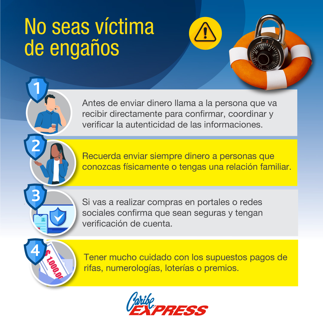 Estas son algunas de las recomendaciones que compartimos para protegerte.👍✔

Recuerda que debes tomar todas las medidas de seguridad a la hora de enviar tus remesas.💸🔍

#Estarsiemprealerta
#CaribeExpressRD