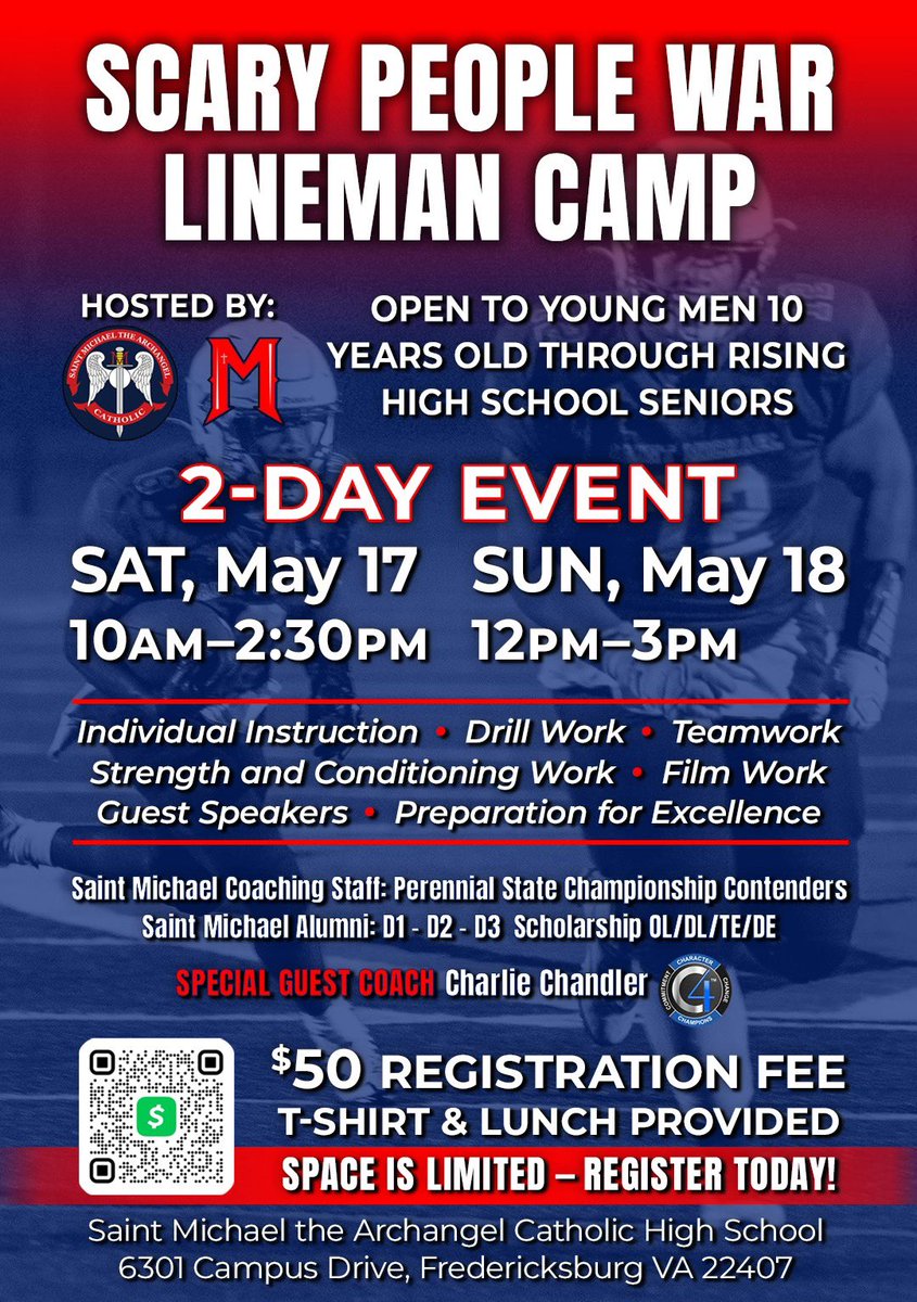 " DB WHISPERER " Demetrius Sanderlin - Lucas (@coachnice_smhs) on Twitter photo ๐จ <a href="/warriorfbsmhs/">Saint Michael Catholic Warrior Football</a> OL / DL BIG MAN CAMP
May 17th and 18th at Saint Michael.
Saturday May 17th check in begins at 9:00 am in our gymnasium.
Drill work and development for OL/TE/DL/DE. Ages 10 through Rising HS Seniors.
forms.gle/f6LMSDmm9a1x5wโฆ ๐จ <a href="/warriorfbsmhs/">Saint Michael Catholic Warrior Football</a> OL / DL BIG MAN CAMP
May 17th and 18th at Saint Michael.
Saturday May 17th check in begins at 9:00 am in our gymnasium.
Drill work and development for OL/TE/DL/DE. Ages 10 through Rising HS Seniors.
forms.gle/f6LMSDmm9a1x5wโฆ