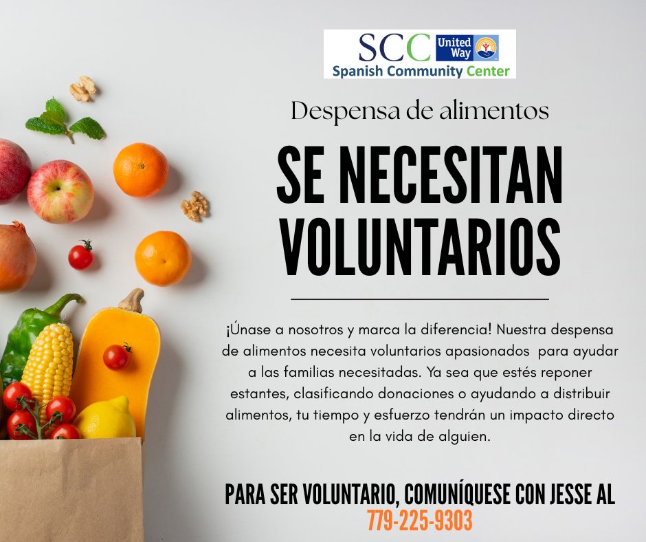 SCCJoliet's tweet photo. 🍞🍎¿Te interesa ser voluntario en SCC? Nuestra despensa de alimentos necesita voluntarios. Para ser voluntario, contacta a Jesse al 779-225-9303 para más detalles.🍞🍎 https://t.co/UuSTs7eVVS