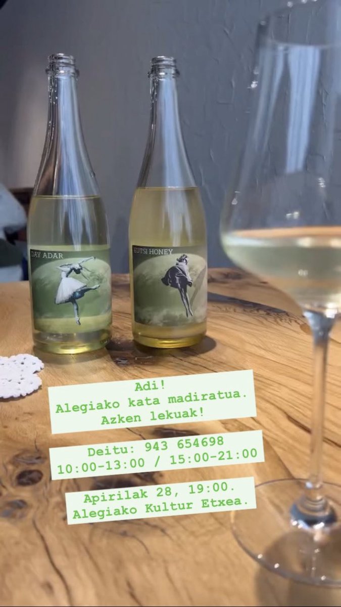 Adi!
Azken tokiak Alegian eskeiniko dugun kata maridaturako. 
Edariak Zidernaut eta jakia L. Cornago (I+D+I chef Arzak) &amp; J. Zabala (Altzoko ostatua).
Izena emateko, irudiko telefonoa.