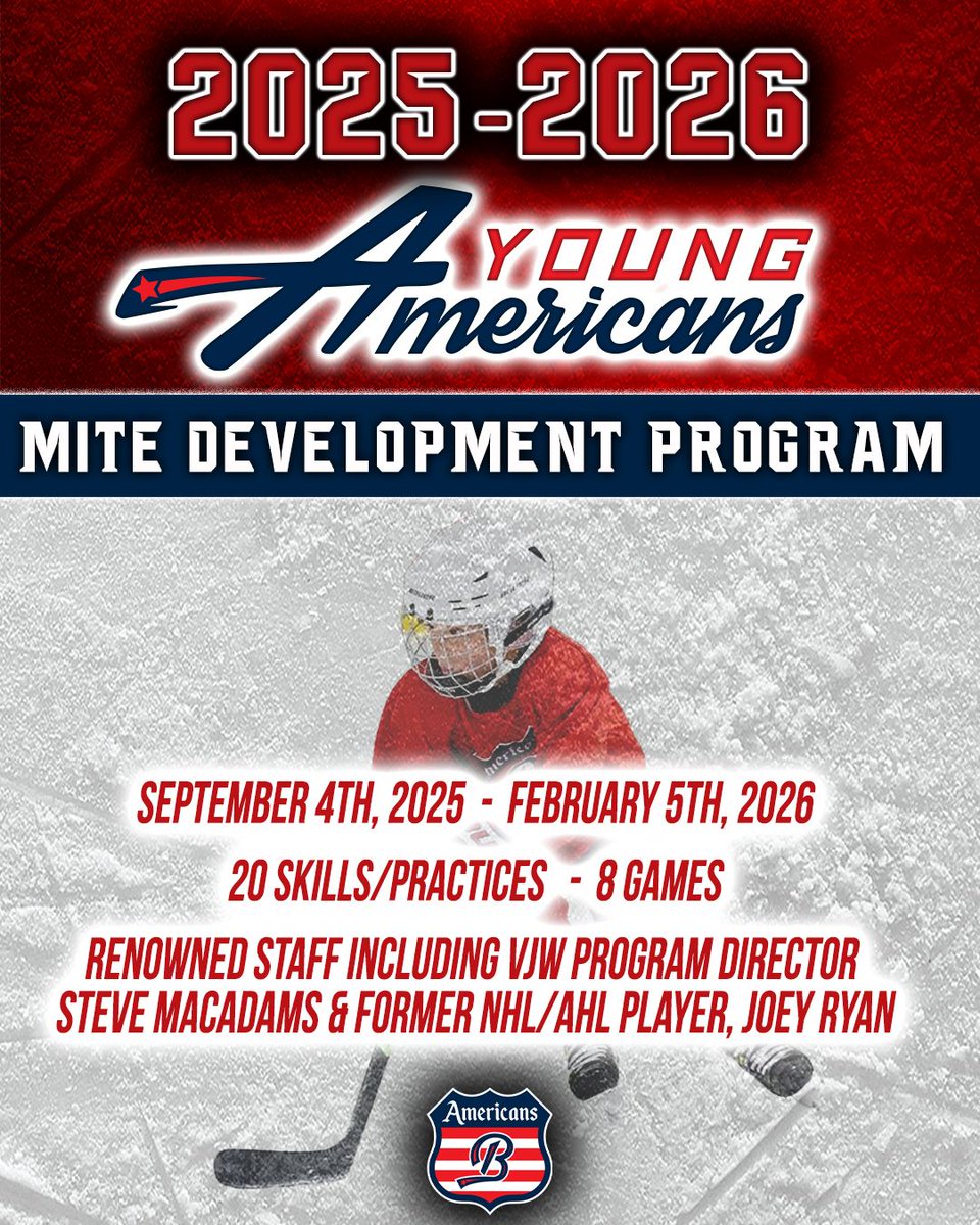 Register now for Mite Development! The Mite Development Program is designed for boys and girls born in 2018, 2019, and 2020 who have prior skating experience.
REGISTER NOW: thebostonamericans.com/pages/young-am…