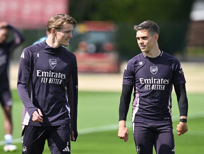 Martin Odegaard and Leandro Trossard training with Arsenal