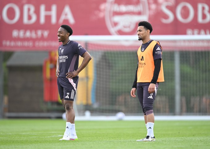 Myles Lewis-Skelly and Ethan Nwaneri training with Arsenal