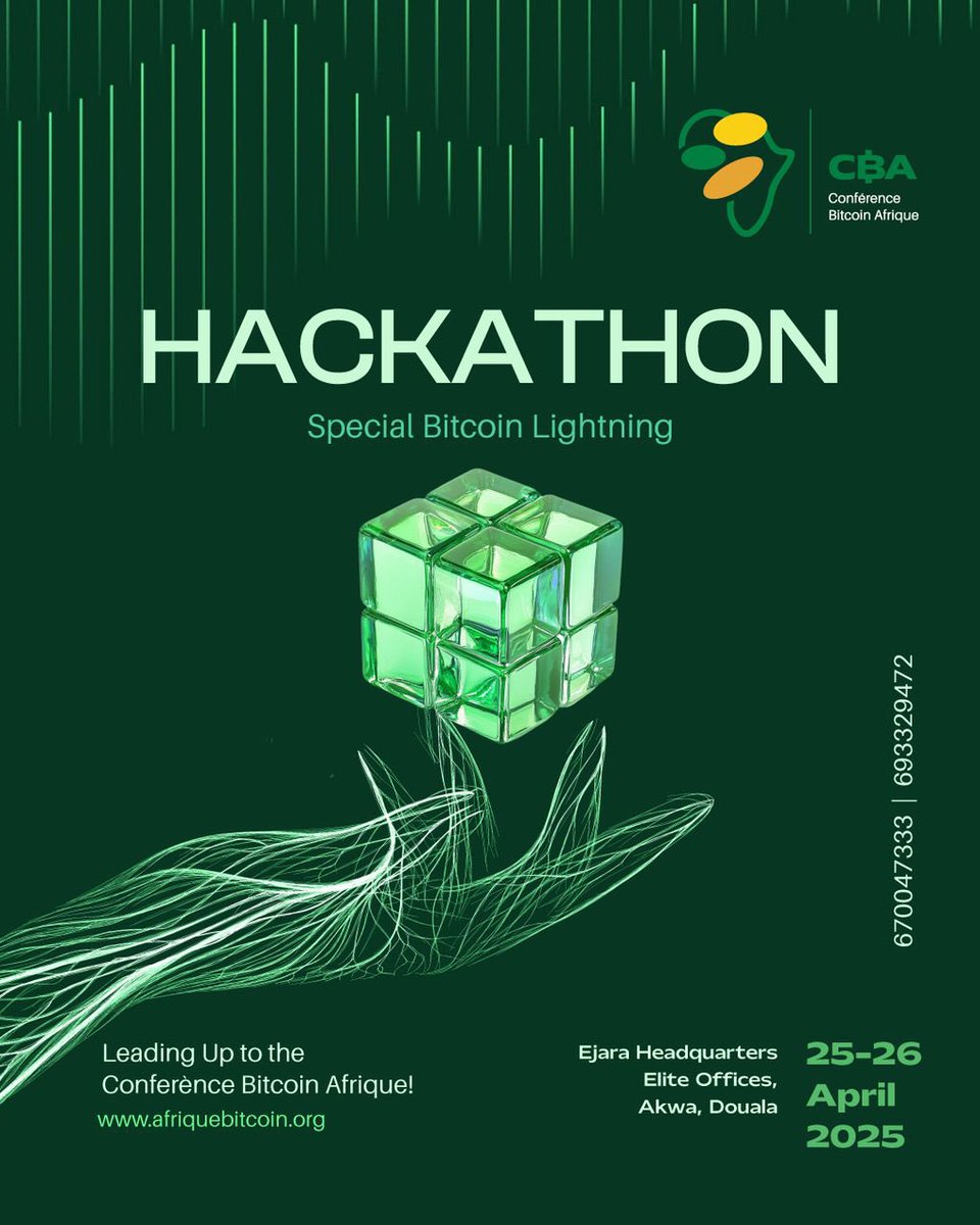 Dans le cadre de la Conférence Bitcoin Afrique à Douala, un Hackathon Bitcoin &amp; Lightning se tiendra les 25 &amp; 26 avril 2025 !

Objectif : construire des solutions autour du protocole #Bitcoin
Ouvert à tous : étudiants, pros, passionné
Rejoins-nous et code l’avenir du continent ⚡