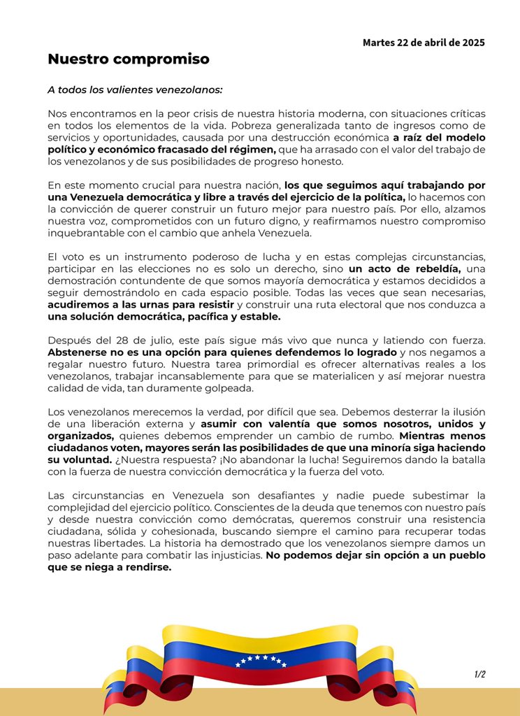 vzla_eslarazon's tweet photo. A los venezolanos que hoy enfrentan la dura crisis económica y social, les decimos con firmeza: ¡NO ES MOMENTO DE RENDIRSE! La desesperanza no tiene cabida en nuestra lucha. 

Levanta tu voz con valentía, ejerce tu derecho a participar y sigue adelante con determinación. 

Cada paso cuenta, cada acción suma. ¡Por un futuro mejor, avancemos juntos! 🇻🇪🫱🏼‍🫲🏽

#VenezuelaEsLaRazón #AquíNadieSeRinde