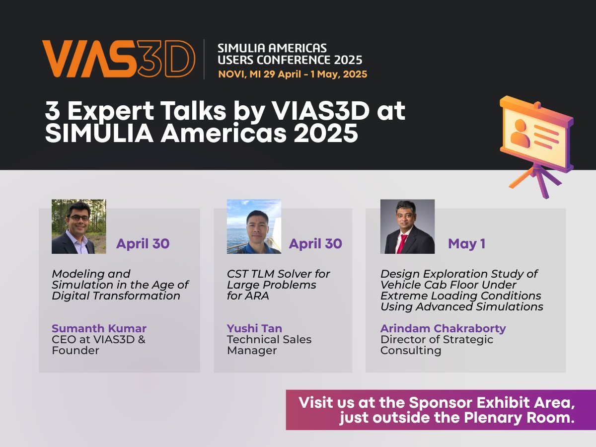 VIAS3D's tweet photo. VIAS3D is proud to be a Gold Sponsor at #SIMULIA2025 in Novi, MI (Apr 29–May 1)! Join us for expert talks on simulation and visit our booth near the Plenary Room.
👉 Schedule a meeting: https://t.co/uolVt2Qz1g 
#VIAS3D #DigitalTransformation #Engineering https://t.co/CIY3MqS3Wq