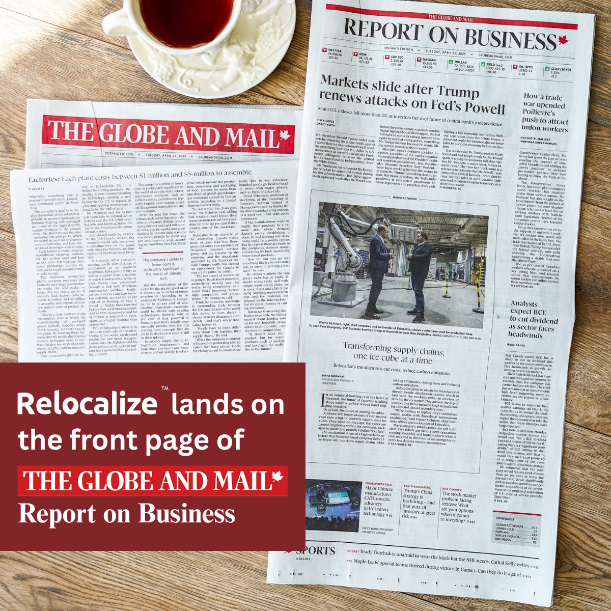 🇨🇦 Big day for Relocalize! We’re on the front page of <a href="/globeandmail/">The Globe and Mail</a> Report on Business 🎉

“In our world, the chain goes away.” — Wayne McIntyre, CEO, Relocalize

Proud to be featured for reinventing #supplychains—one ice cube at a time. ❄️

📰 Read more: theglobeandmail.com/business/econo…