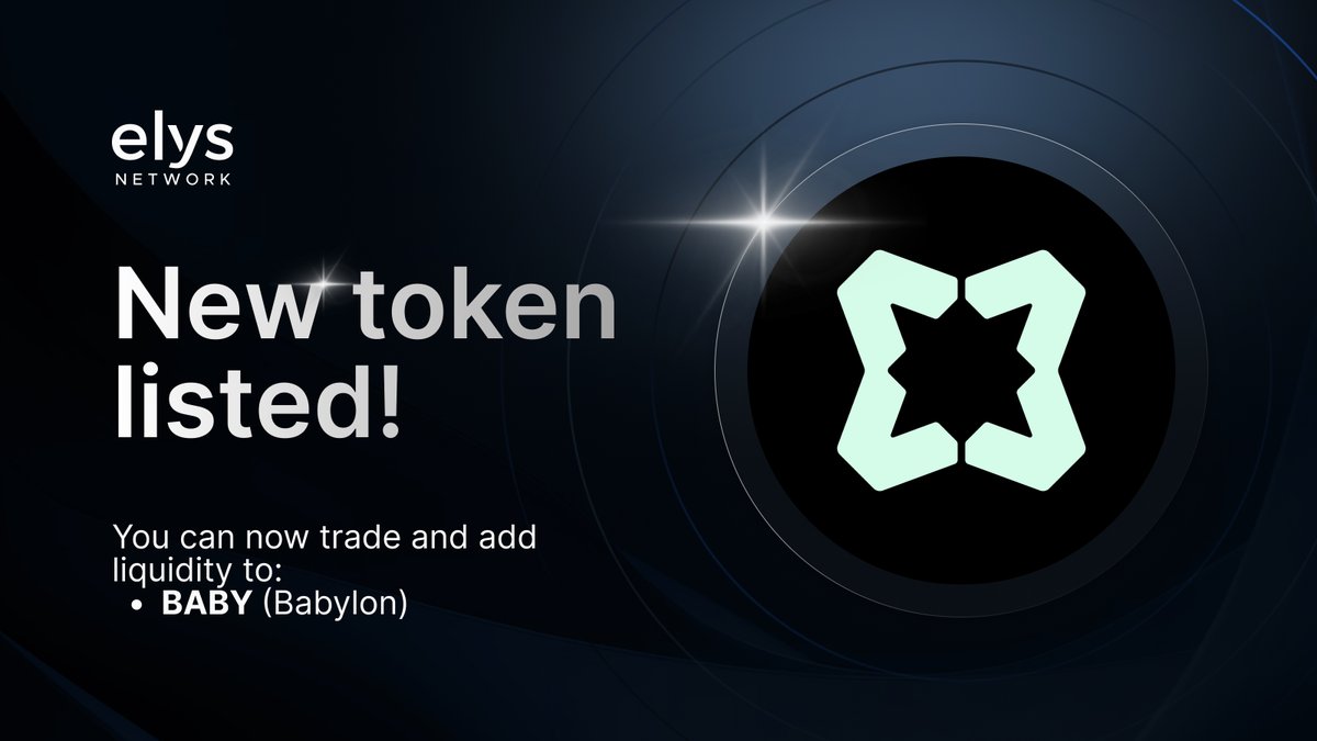 elys_network's tweet photo. New token listed on Elys Network!

You can now:
▪️ Trade $BABY
▪️ Add liquidity to our $BABY / $USDC pool

$EDEN incentives will start on April 23, once the proposal vote concludes. https://t.co/V6kbG6PsUb